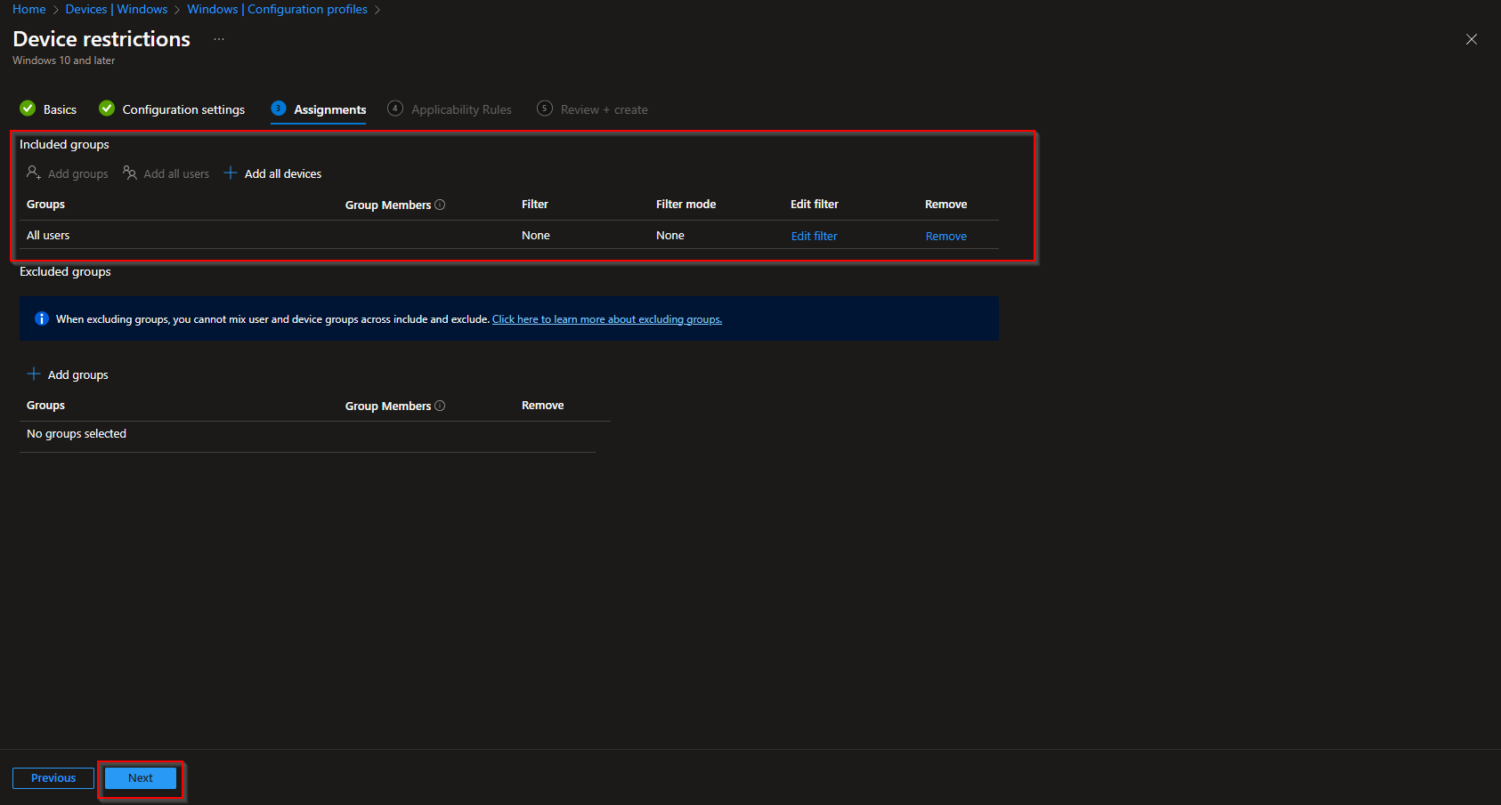 Assigning the configuration profile to groups